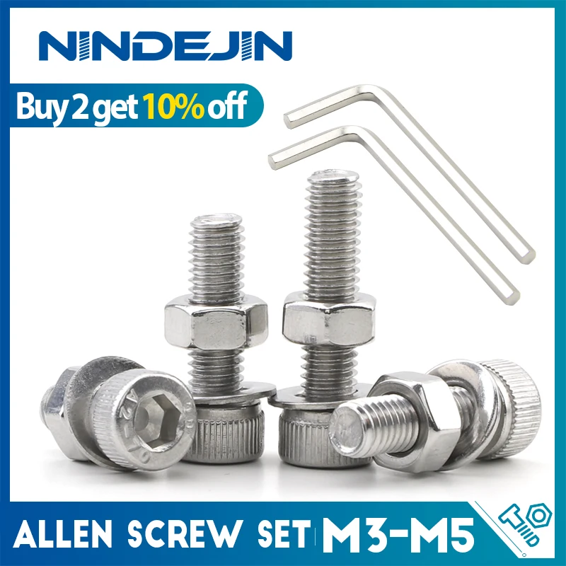 

NINDEJIN Allen Screws Set M3 M4 M5 Stainless Steel Hex Hexagon Socket Head Cap Screws Kit with Nuts Washers Hex Keys