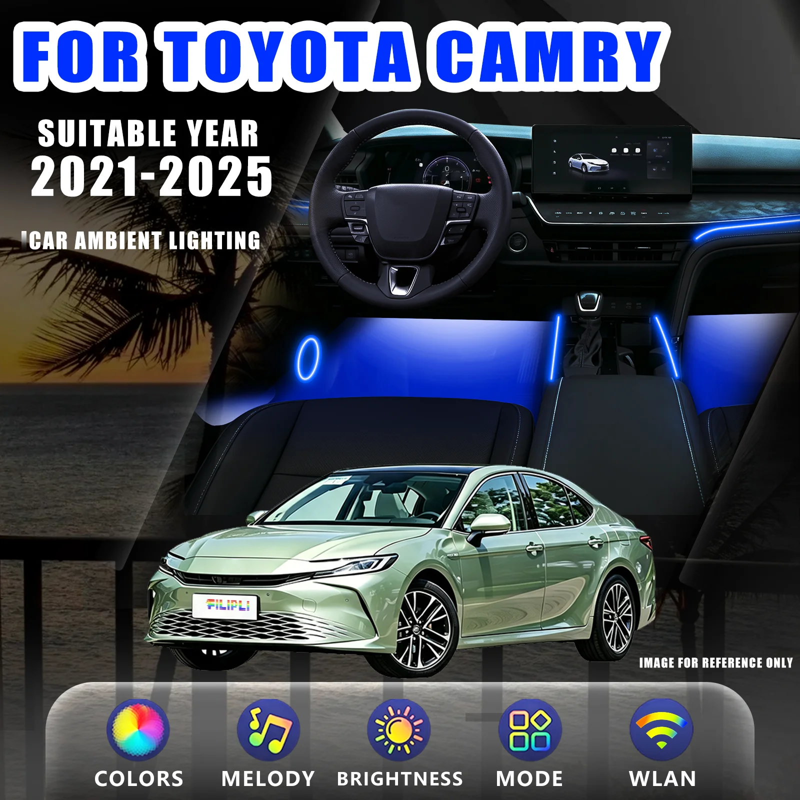 FOR TOYOTA Camry 2021-2025 YEAR DREAM COLOR 18 Lights Car Ambient Light Kit Full Cabin Flowing Chase Light Dynamic Breathing Effect Speed Adaptive Dimming Car Interior Upgrade Kit