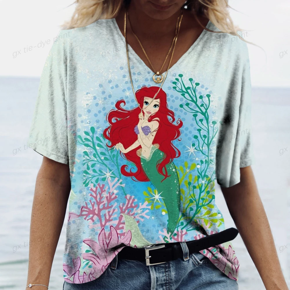 Disney Little Mermaid Ariel Big Cartoon Printed White T-shirt V-neck Pullover Casual Sweet Beauty Short Sleeve Loose T-shirt