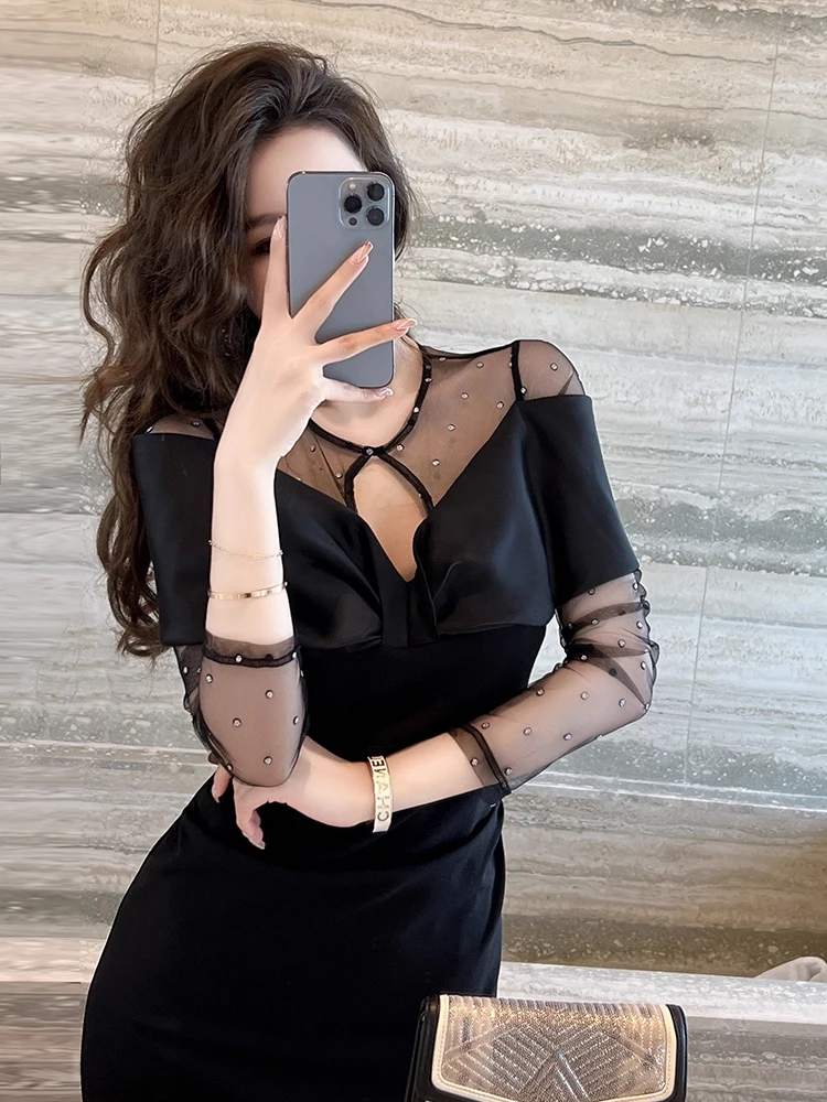 Hoge kwaliteit lente herfst vrouwen avondjurk satijn zwart pure sexy holle slanke midi party prom gewaad verjaardag mujer vestidos