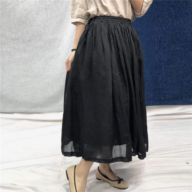 Johnature 2023 New Vintage  Solid Color Linen Women Skirts Summer Japanese Elastic Waist Tie Loose 3 Colors  Skirts