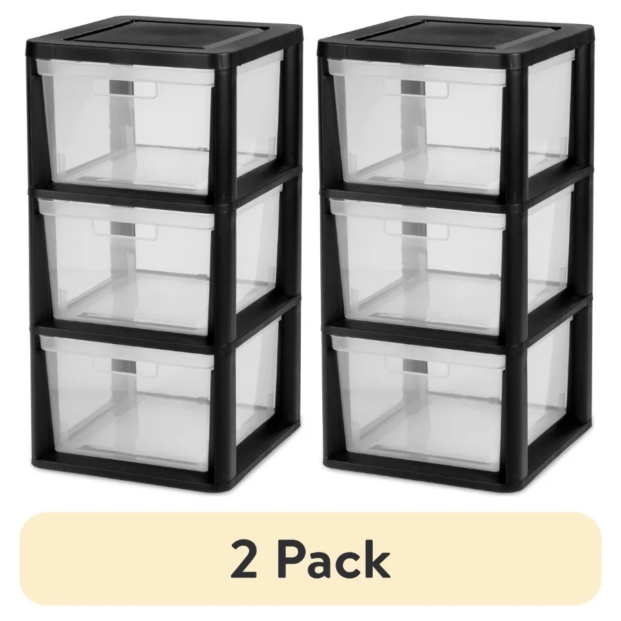 

2 Pack 3-Drawer Tower Plastic Storage Organizer with Removable Clear Bins, Easy Tool-Free Assembly, Black for Bedroom Closet Of