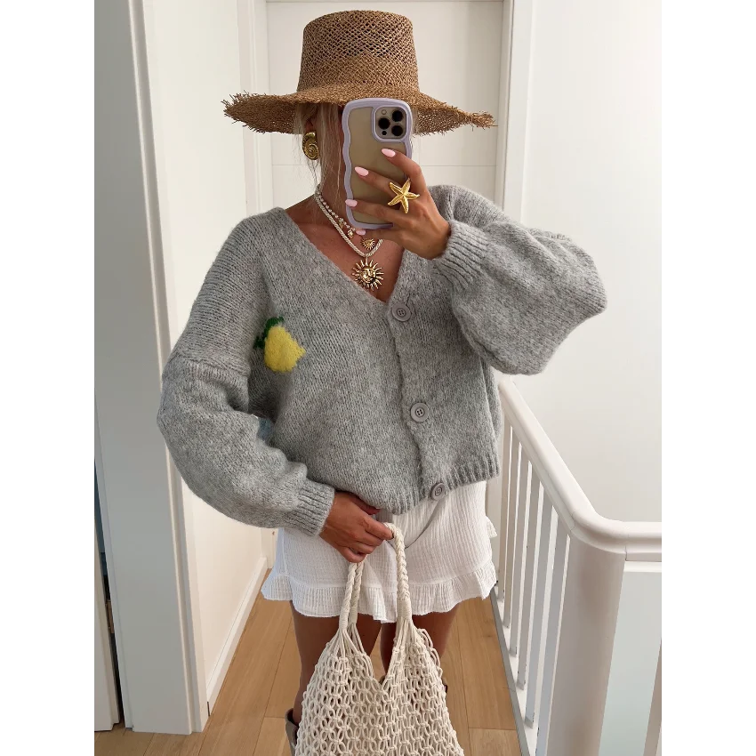 

Mango Print Cardigan Sweater V-neck Top Long Sleeved Women's Casual Jacquard knitted Sweaters