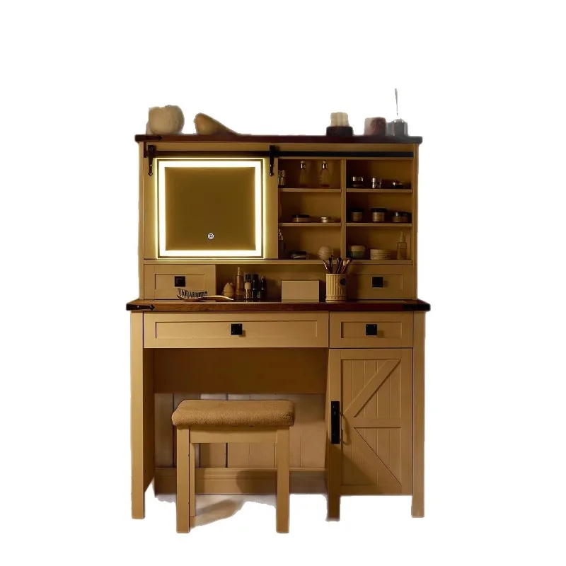 Bedroom dresser with stool set, popular three-color removable LED light mirror drawer storage makeup table practical
