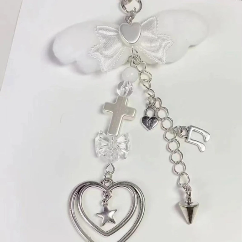 Bowknot Phone Chain Angel Wing Pendant Keychain Sweet Cool Key Phone Lanyard Acrylic Keyring Bag Ornament