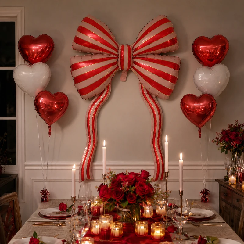 7 Pieces/Set - Extra-Large Red and White Striped Bow Foil Balloon Set, Suitable for Birthday Parties, Proposals, Anniversaries, Wedding Season, Mother's Day, Birthday Ceremony Atmosphere Decoration Supplies, Photograph