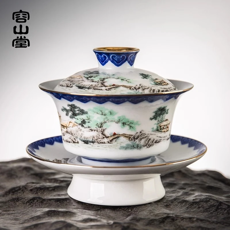 Rongshantang Jingyun covered bowl tea cup set ceramic large enamel painted Sancai blue and white tea bowl Kung Fu tea set