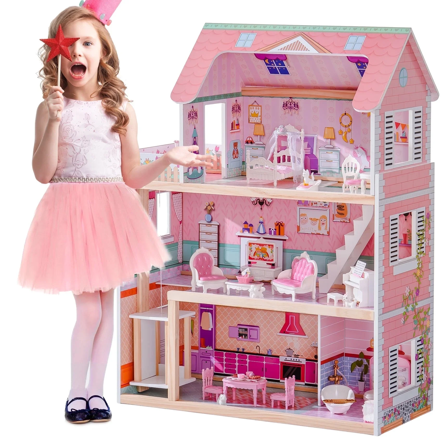 Robud Wooden Dollhouse with 20pcs Furniture 3-Storey Preschool Toy Dollhouse for Kids Girls 23.4"X12"X32" Pink