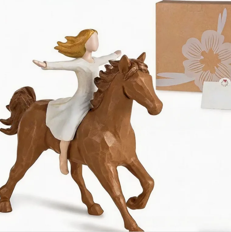 Wood Carving Style Girl Riding Horse Resin Figurine, Inspirational Home Desktop Decor Ornament for Living Room Bedroom Office