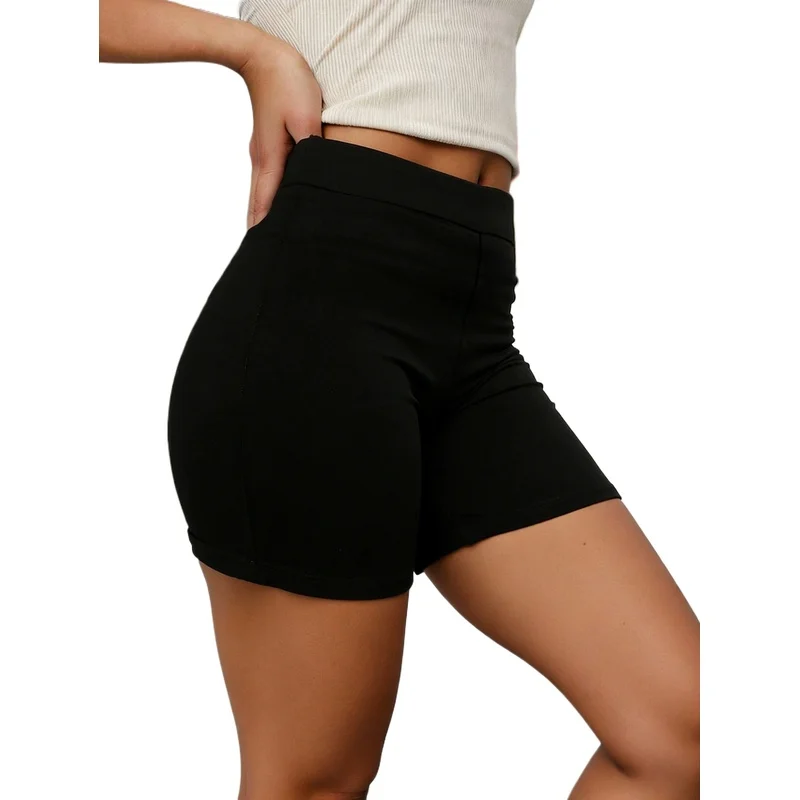 

Solid Black Regular Fit Shorts for Women 2026 Elastic Waist Office Casual Slimming Style
