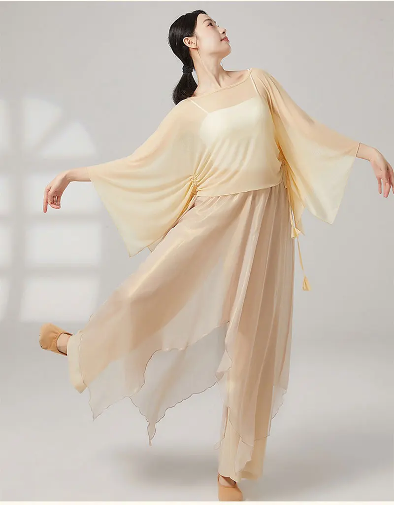 クラシックダンス衣装-流れるような二重層パンツ、ゆったりとしたパフォーマンスドレス、ワイドレッグスカートパンツ、練習用トレーニングスーツ