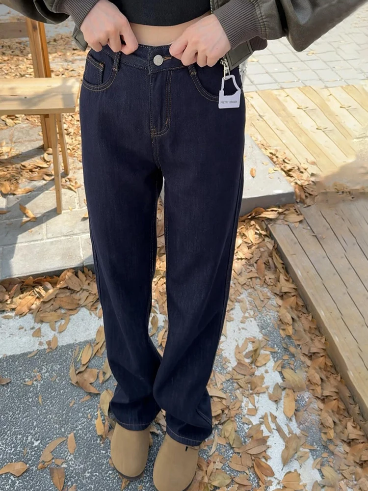 

Retro American Deep Blue Straight Leg Jeans Women's High Waist Loose Slimming Floor-Length Wide Leg Pants Casual Wear