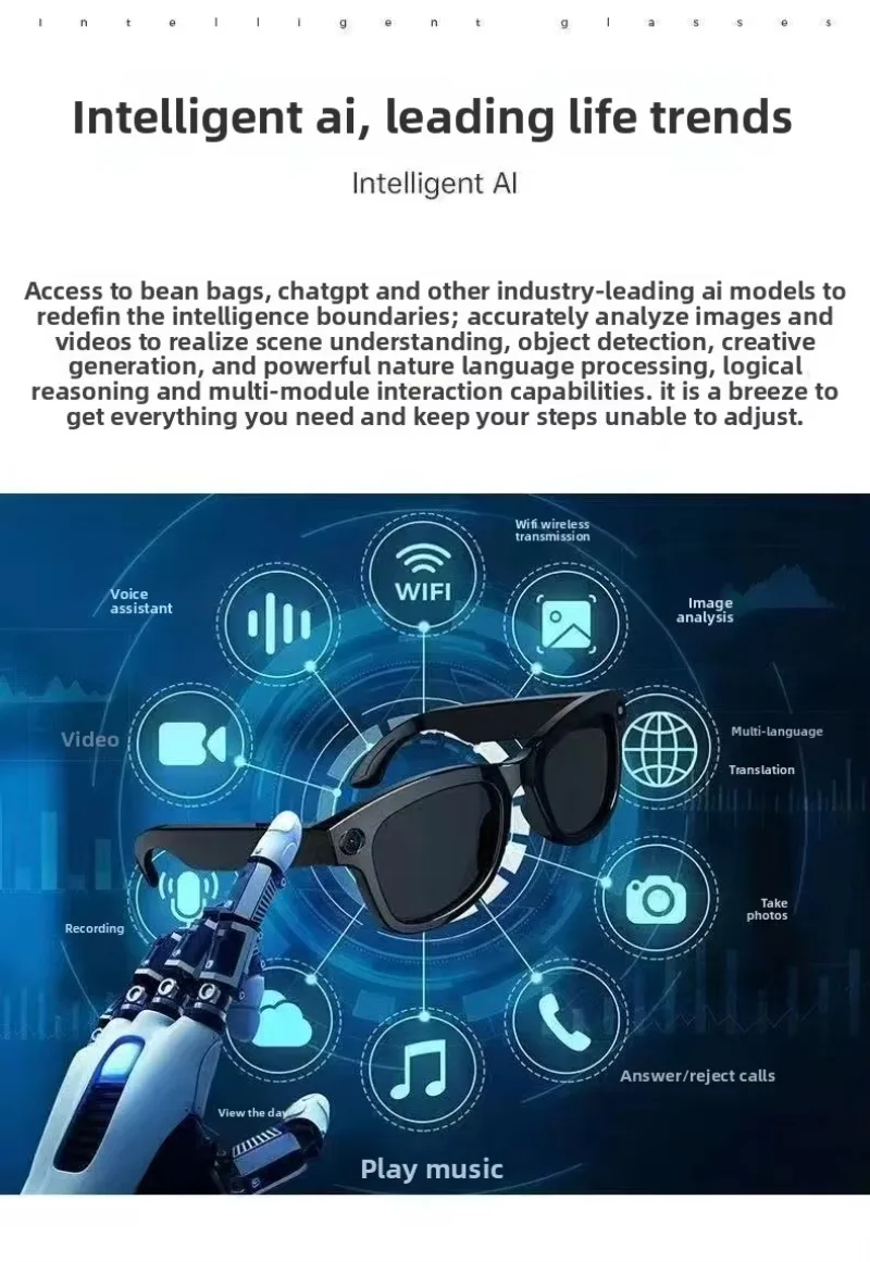 Smart BT Glasses UV Outdoor Sunglasses New Trend 2.4G Video 800WPX Camera 1080P AI Men Translation Features