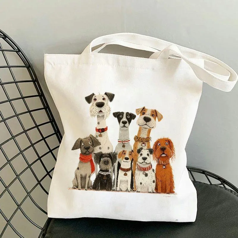 

Cute Dog Printed Canvas Bag Folding Bag Handheld Shopping Bag Portable Large Capacity Storage Women's Travel and Youth Handbag