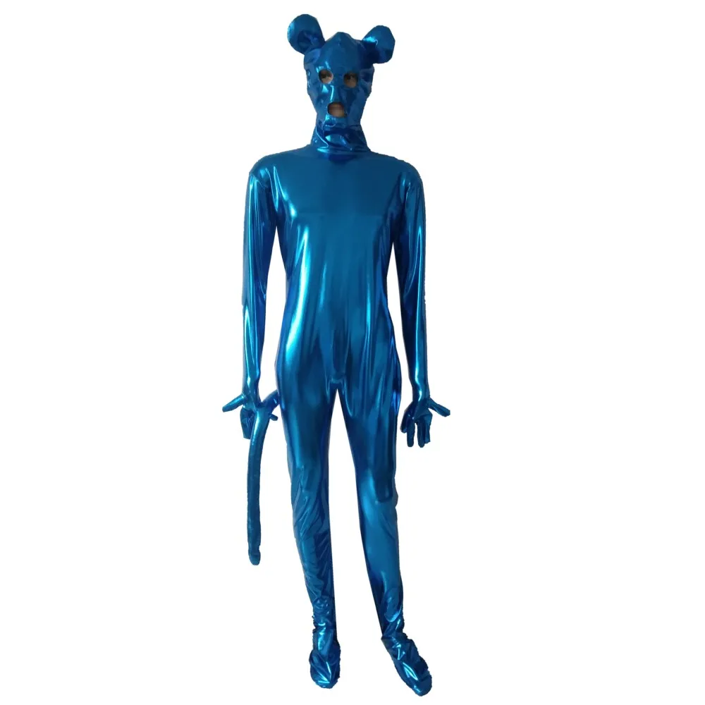 Men‘s Fancy Dress Shiny Metallic lake Blue cat Animal Zentai jumpsuit With ear tail For Halloween Party Open Eyes mouth