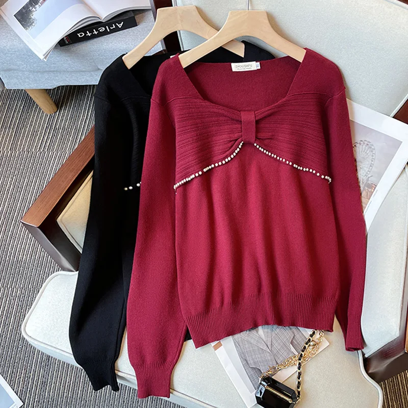 Women's Sweater Ladies Oversize Y2k Aesthetic Tops Pullovers Korean Fashion Beading Long Sleeve Bow Winter Women Clothes