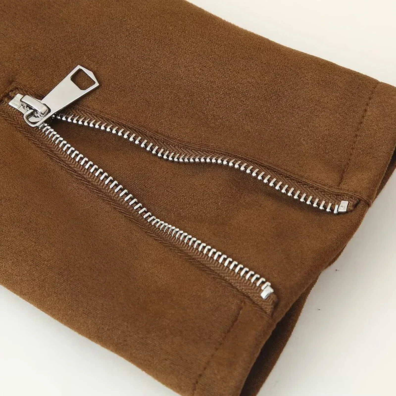 Women Faux Suede Jacket Outerwear Stylish Long Sleeve Zip-up Side Zipper Pockets Coat for Daily Causal Office Weekend Getaway