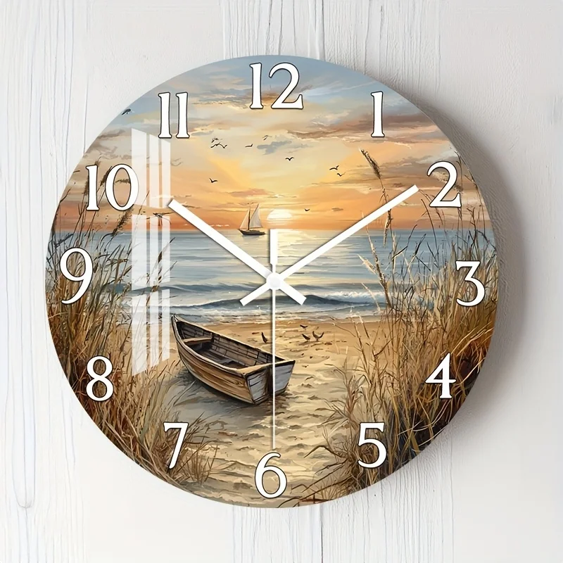 [2D Flat Wall Clock] 1pc 2D Flat Wall Clock Non-Ticking Wooden, Circular Clock HD Glossy Lamination Finish Serene Coastal Sunset with Boat Design for Bedroom, Dining Room, Entryway, Lounge, Reading Corner 10