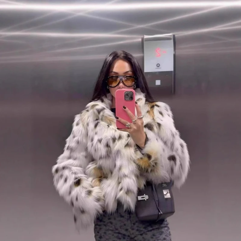

2026 Autumn Winter Fashion Loose Short Warm Jacket European American Style Eco-friendly Fox Fur Leopard Print Fur Coat for Women