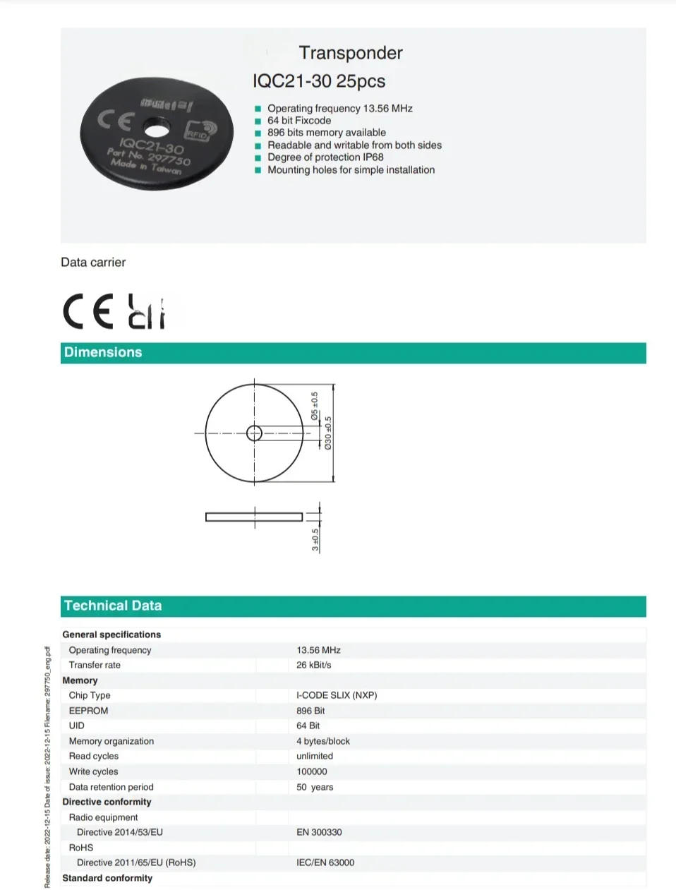 Транспондер ( 297750 ) Носитель данных IQC21-30