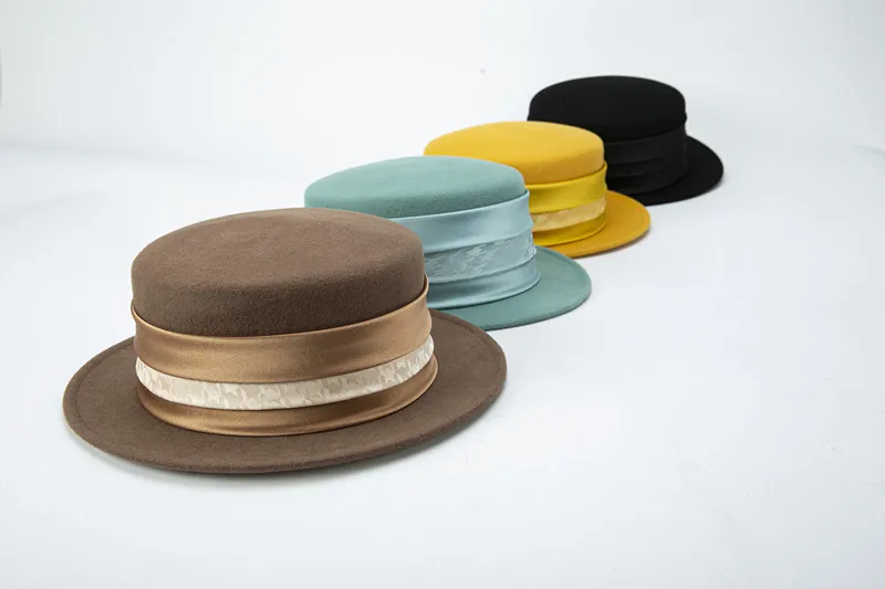 Classical yellow green Felt Winter Hat Warm Cloche Wool Hat Ribbon Floppy Brim Derby Wedding Church Fedora Hat Ladies Dress Hat