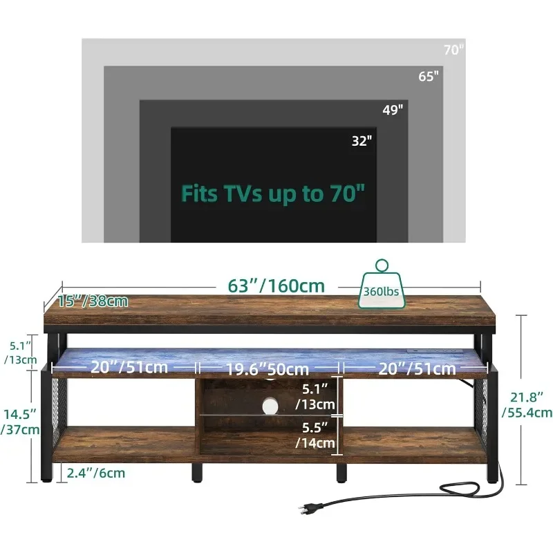 Suportes de televisão LED com tomadas de energia para 70/65 polegadas, suporte de TV industrial moderno, centro de entretenimento com armazenamento aberto