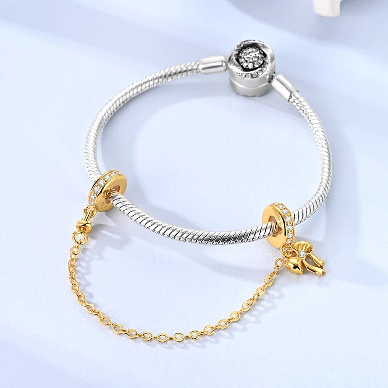 

2025 New Pink Gemstone Golden Bow Tie Heart Original 925 Silver Chain Bead Fit Bracelet Women Valentine's Day Gift Jewelry Diy
