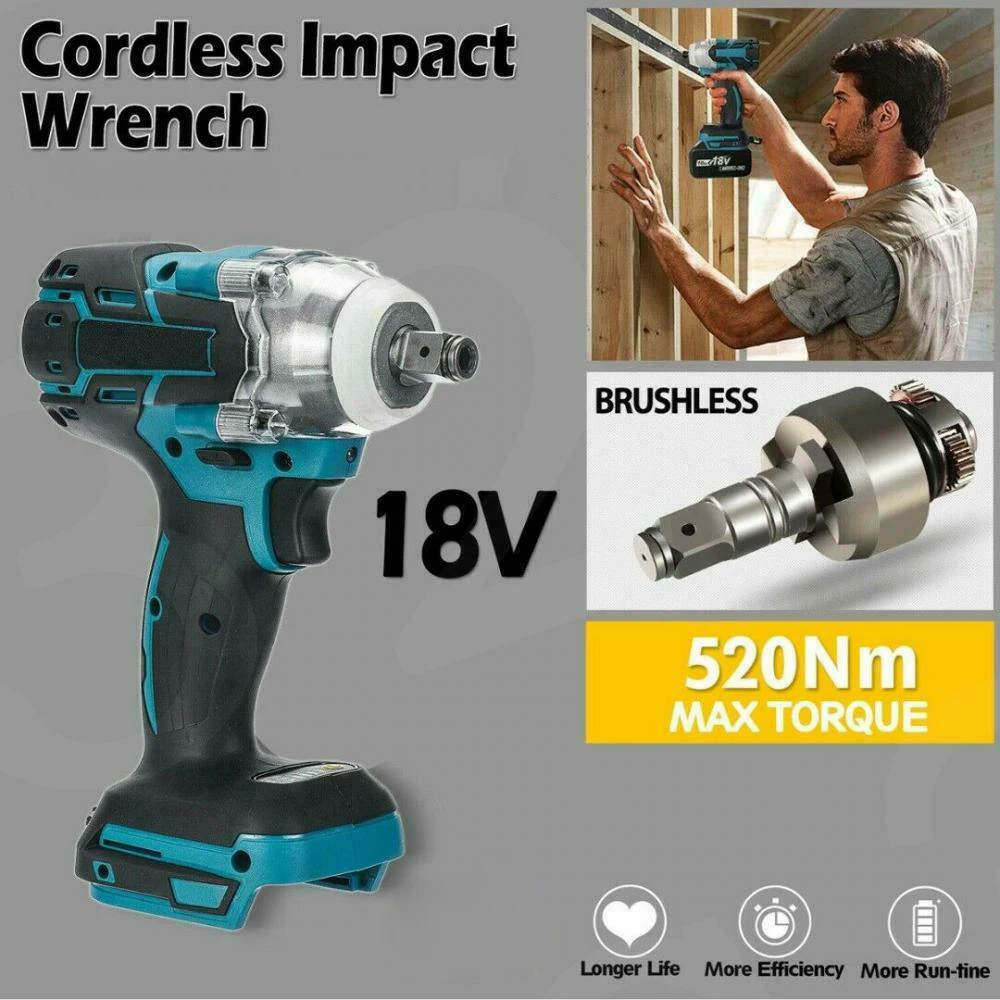 18V Brushless Electric Wrench Impact Socket Wrench 520Nm for Makita Battery Hand Drill Installation 1/2 Socket Power Tool Wrench