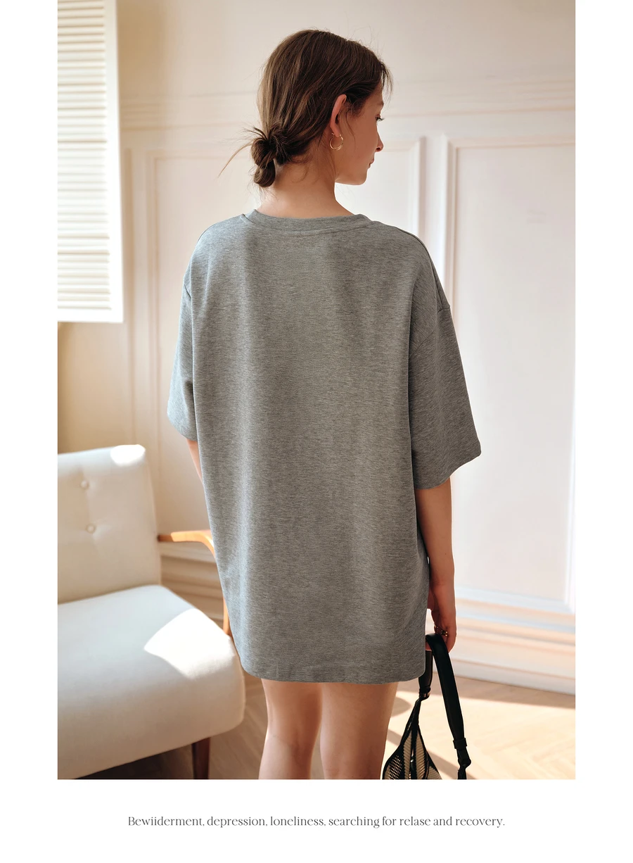 OLrain Zomerkleding Vrouw 2025 Grijs O-hals Oversized Geborduurd Patroon Drop Mouwen Dames Korte Mouw Tops O57XT99219