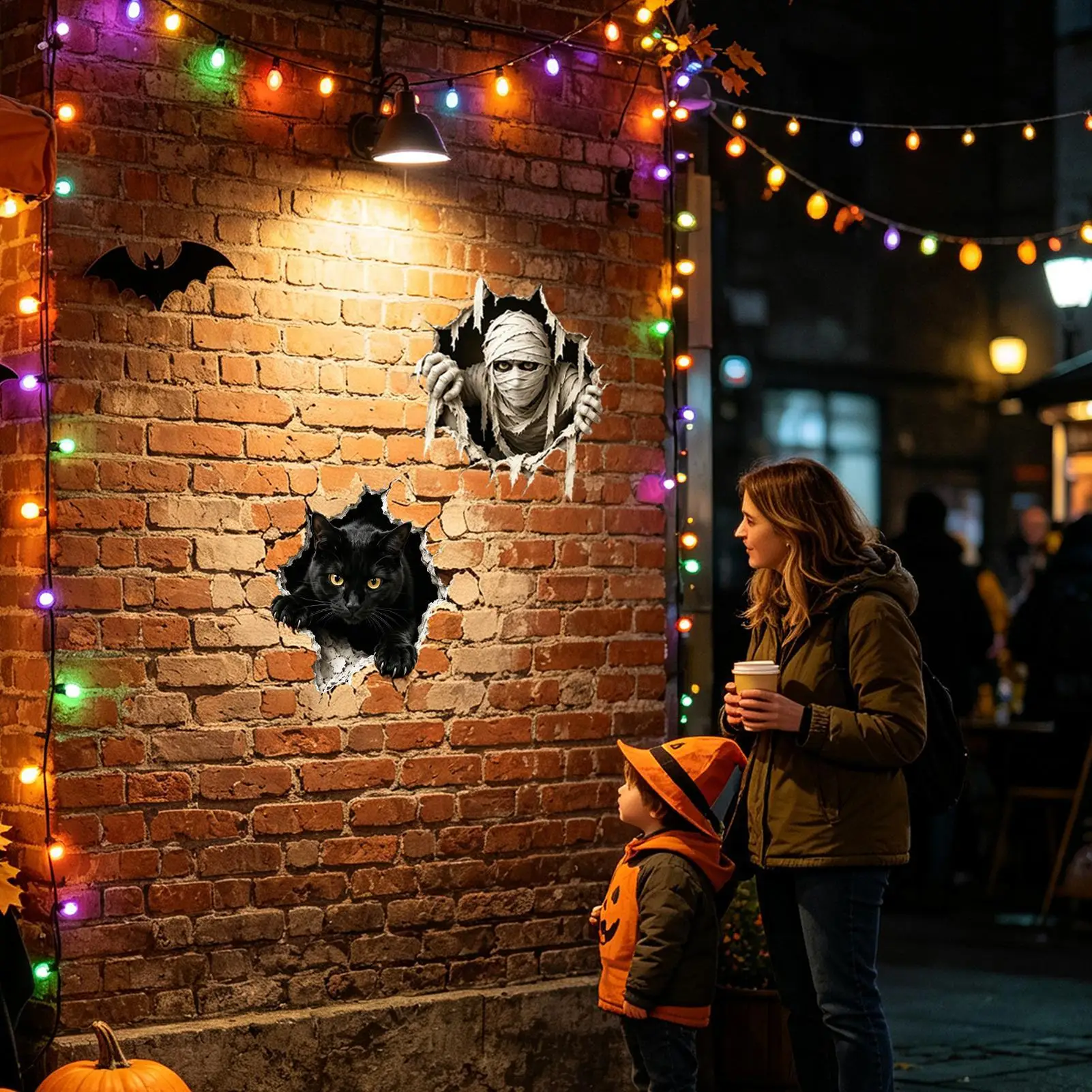 Mummy Wall Decal Illusion Effect Thrilling Seasonal Decal Wall Breaking Cat Home Decoration For Living Room Haunted House Study