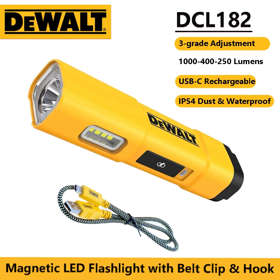 DEWALT DCL183 LED Flashlight with Belt Clip & Hook 1000 Lumens 3-Modes Spot IP54 Waterproof USB-C Recharge Magnetic Searchlight