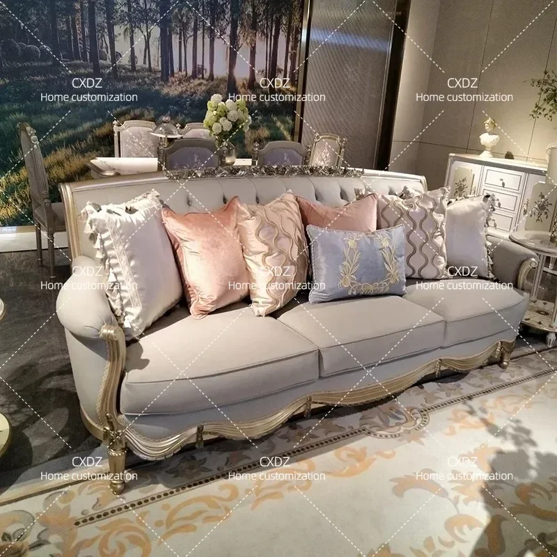 Modern Light Luxury Solid Wood Carved Floral Leather Sofa Set Single and Three Seater Fabric Living Room Furniture New