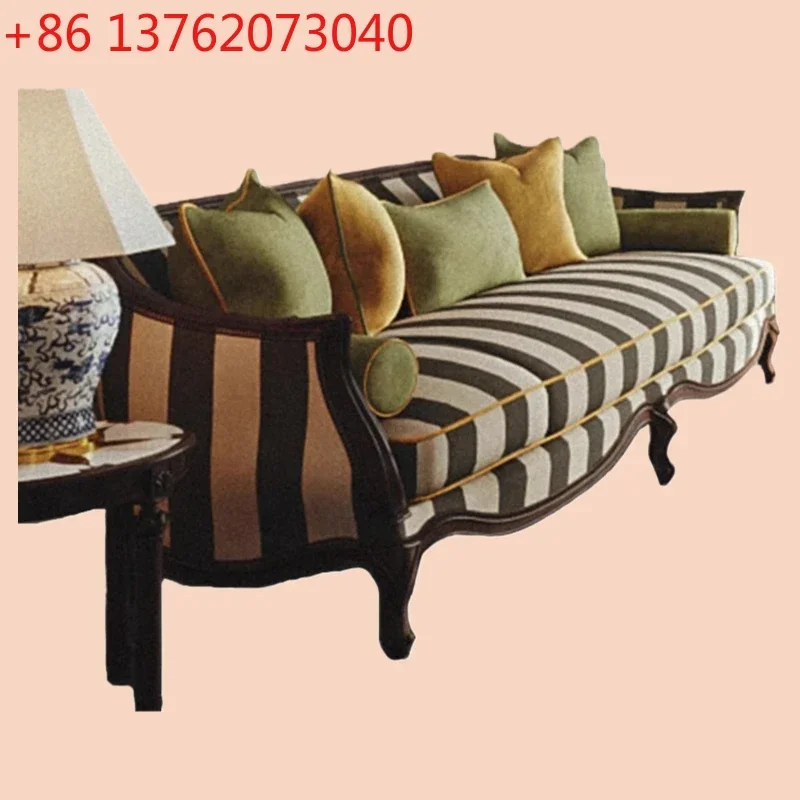 Black striped American three-person sofa French retro solid wood sofa