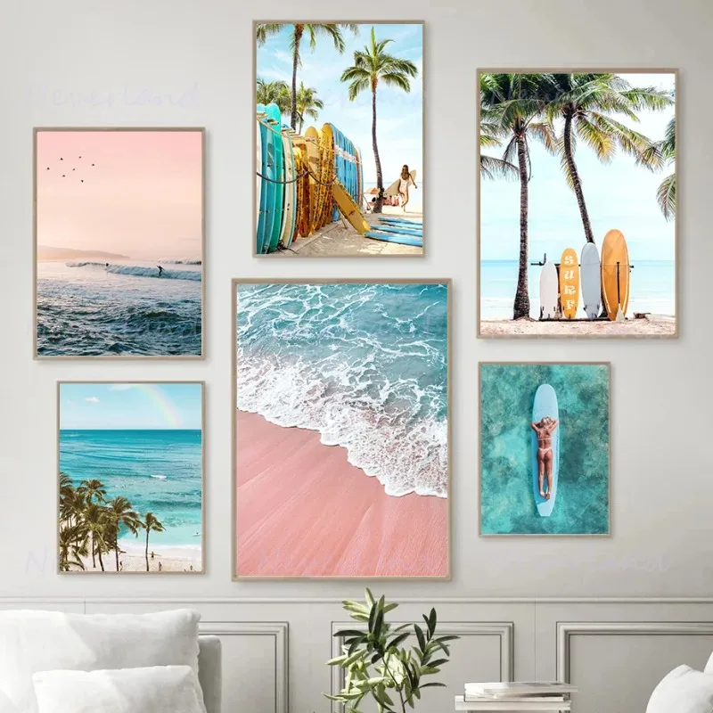 Nordic Tropical Summer Beach Sea Ocean Surfing Palm Tree Poster Print Canvas Painting Wall Art Picture Living Room Home Decor