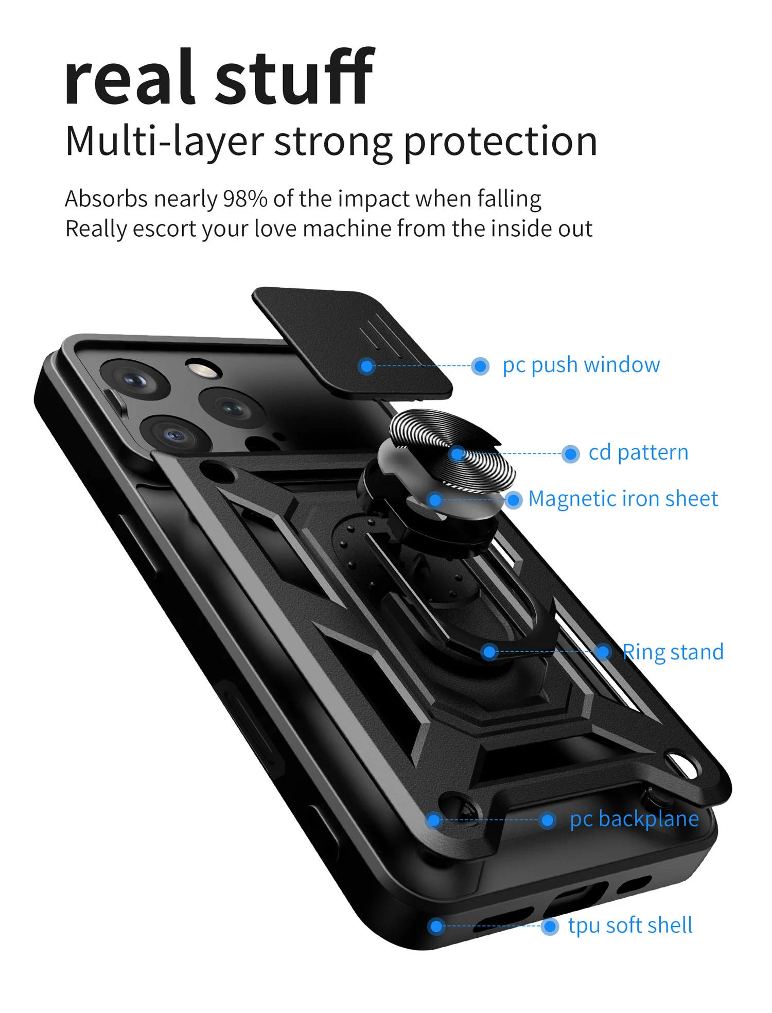 애플 아이폰16 프로용 카메라 보호 폰 아머 케이스 (360도 회전 브래킷 포함) °   휴대용 스탠드 충격 방지 실리콘 커버