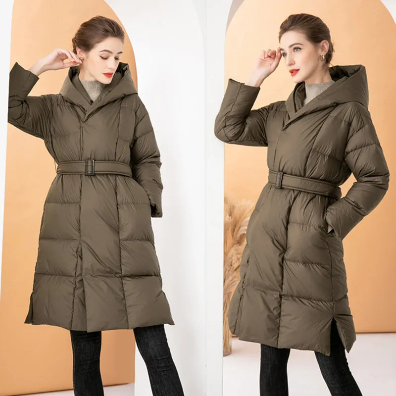 Winter New European High End Down Coat Women Mid Length Slim Fit White Duck Down Belt Windproof Hooded Coat