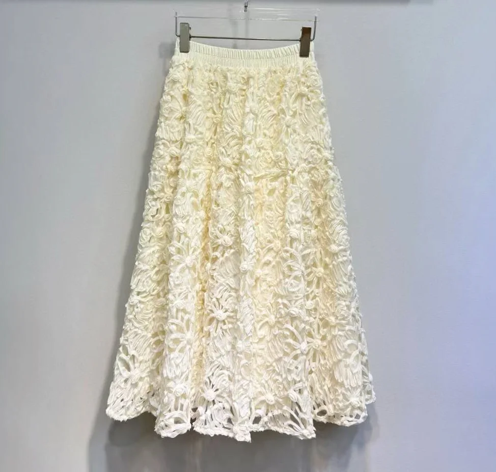 Ball Gown Skirts 2025 Autumn Design Fashion Women Elastic Waist Allover Crochet Lace Flower Patterns Beige Black Party Skirts