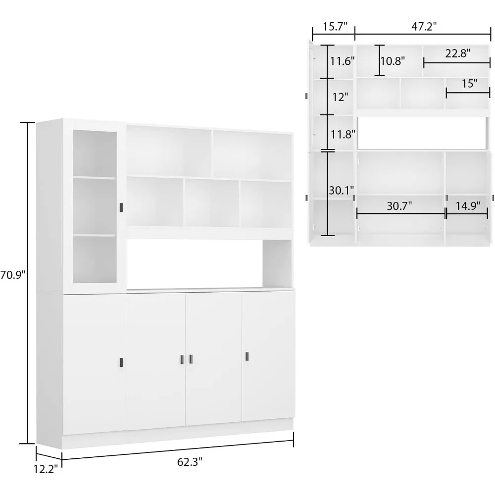 Large Kitchen Cabinet Set, Kitchen Hutch Storage Cabinet with Glass Doors & Shelves, Display Cabinet Buffet Cupboard