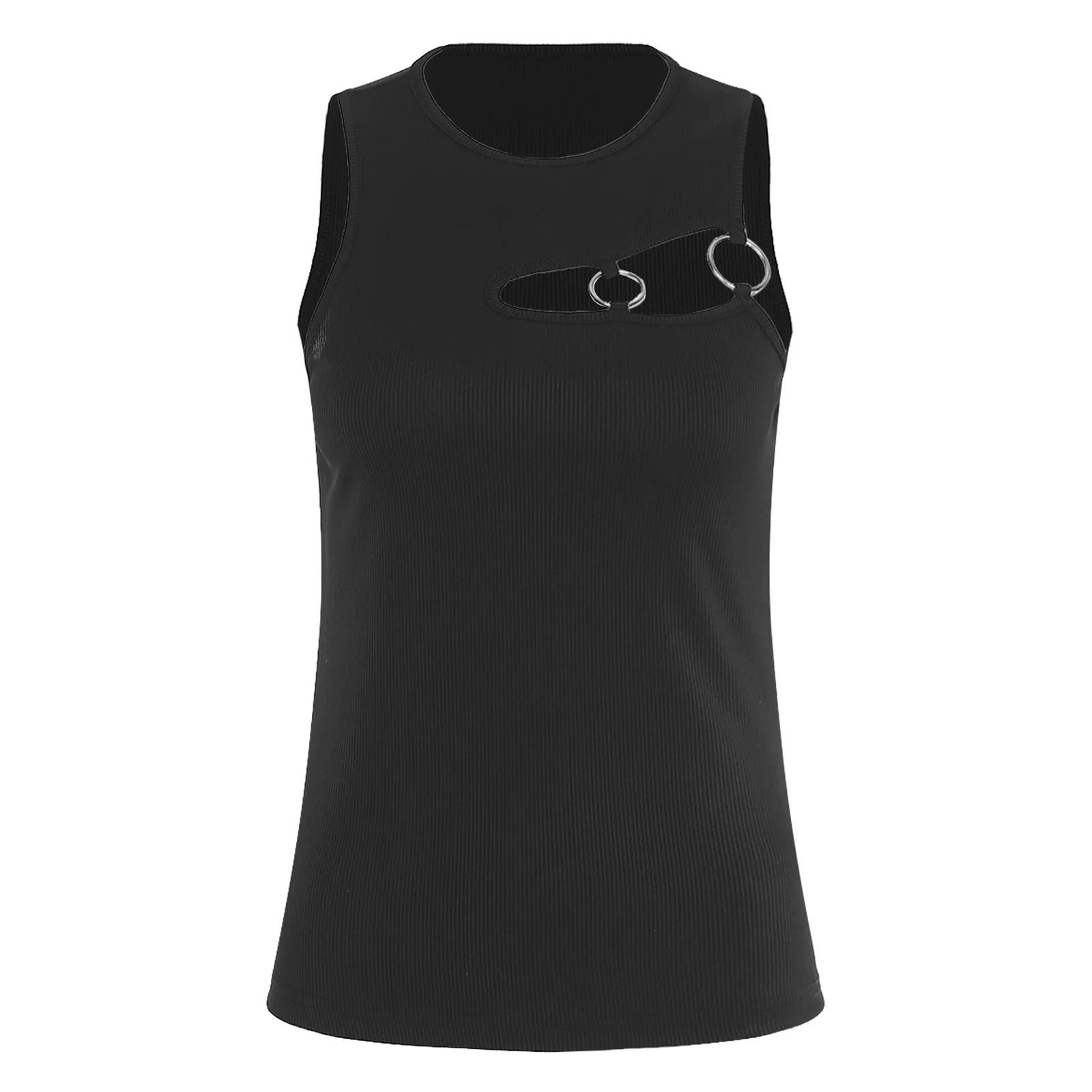 Womens Fashion Streetwear O-ring Linked Tank Tops Crew Neck Sleeveless Irregular Hollow Out Crop Vest Slim Fit T-shirt Blouses