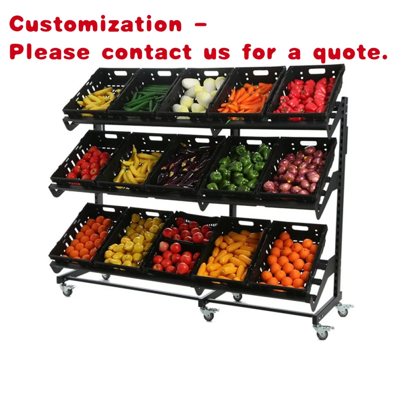 

custom.Moveable Metal Vegetable Fruit Rack With Plastic Shelves Bins Floor Beverage and Snack Shelves