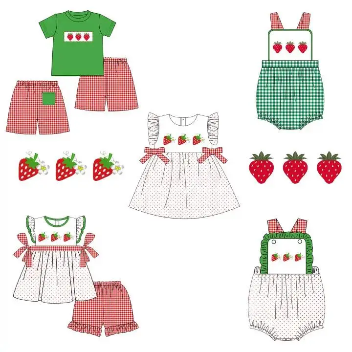 

Boutique children's set pearl strawberry print bow skirt shorts lace girls boy plaid pocket set baby romper