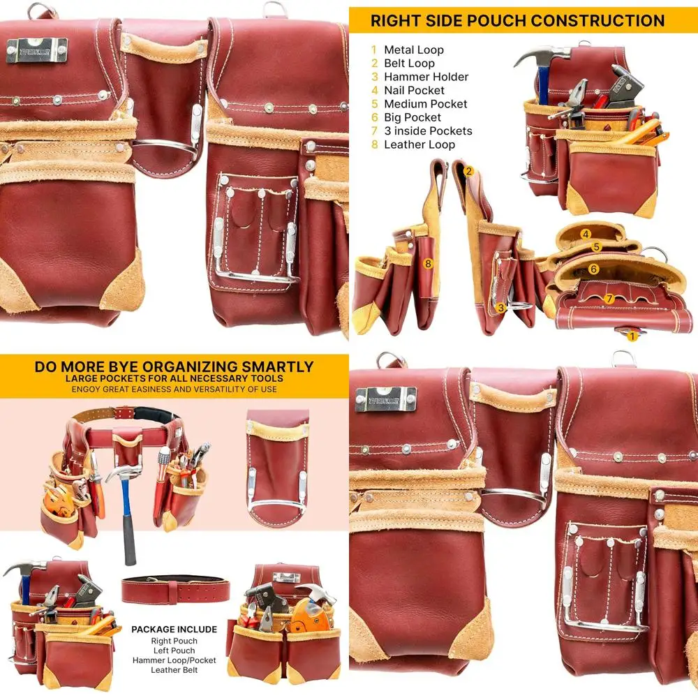 

Кожаный набор поясных сумок для инструментов цвета бордо с 18 карманами для плотников, электриков и строителей