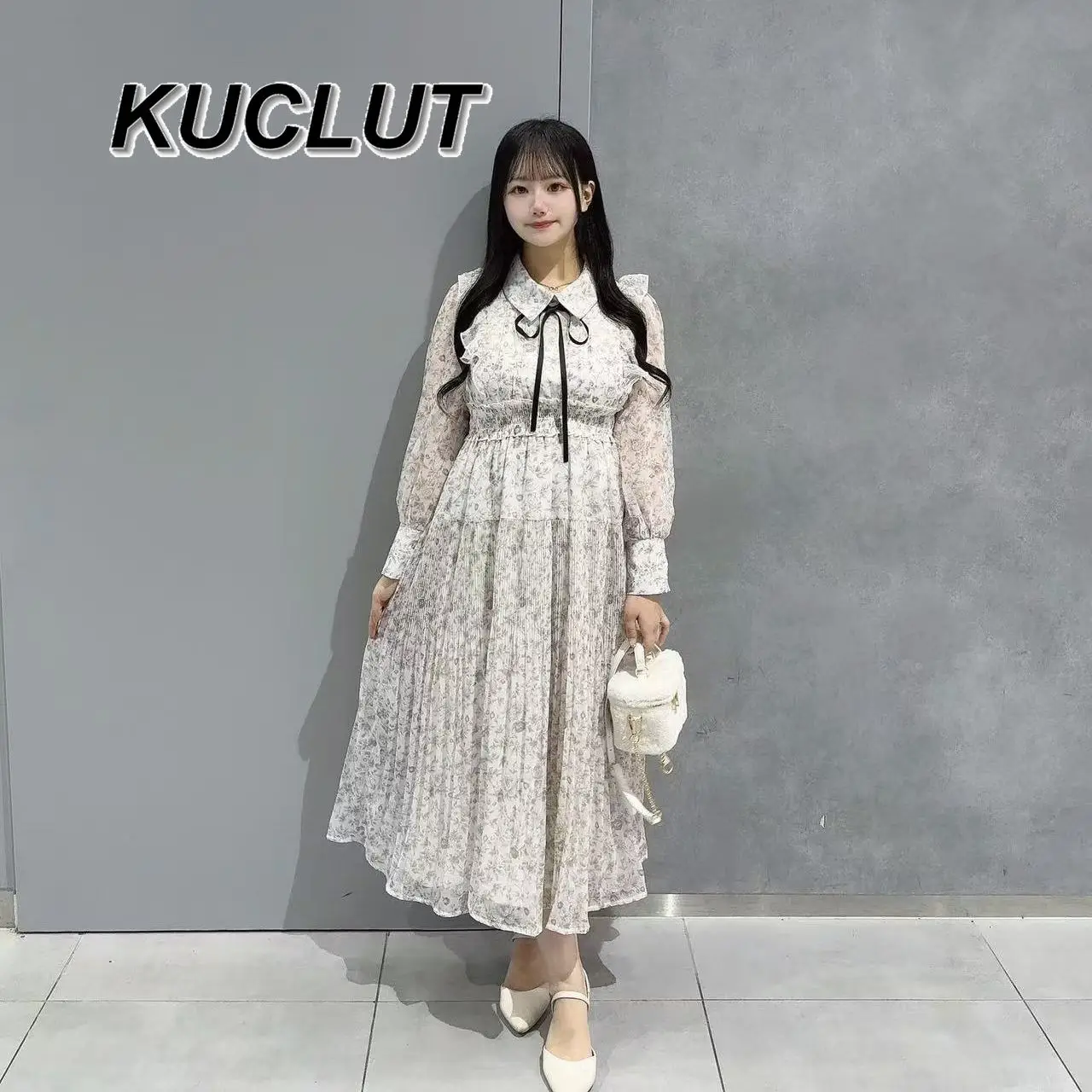 Vintage elegante jurken voor dames 2025, nieuwe Japanse stijl, stropdas, zoete bloemen, geplooide jurk met lange mouwen, lente en herfst