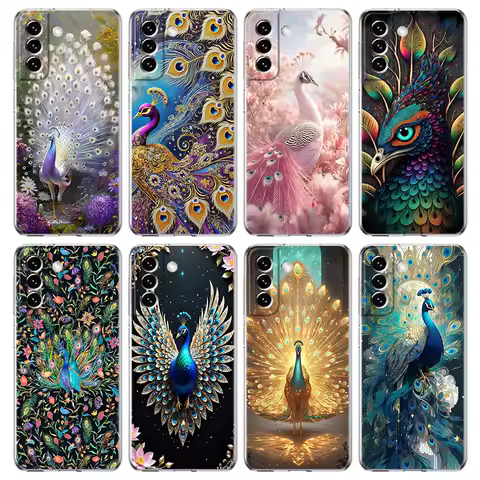 Transparent Phone Case Cover for Samsung Galaxy S25 S24 S23 S22 S20 S21 FE Ultra S24 S23 S10 Plus 5G Animal Cute Peacock Pattern