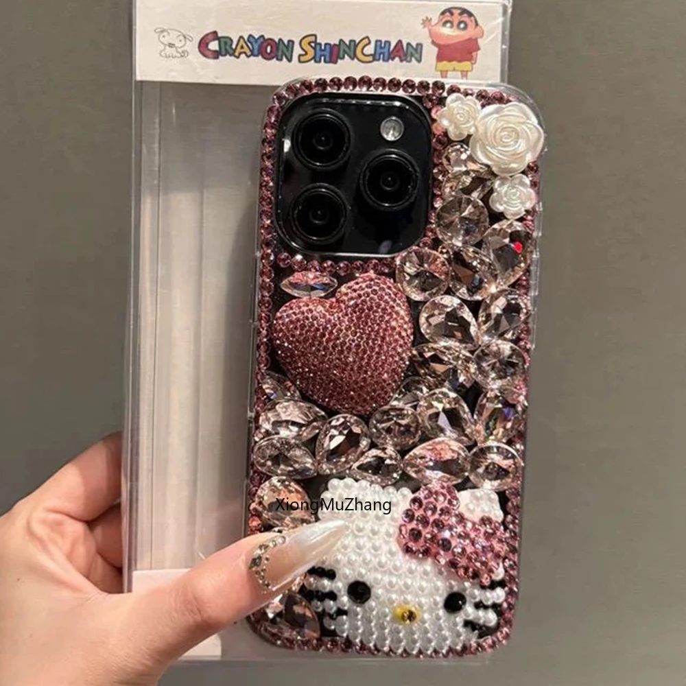 Błyszczące, trójwymiarowe etui Hello Kitty z różowymi diamentami i kokardką, idealne do iPhone 18, 17, 16, 15, 14 Mini, 12, 13, 11 Pro Max, Xs Max, w stylu Sanrio, dla dziewczynek. — zdjęcie produktu 3