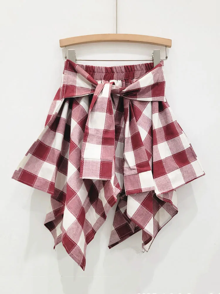 DEAT Fashion New Women\'s Irregular Plaid Bandage Design Mini Skirts 2024 Summer Trendy High Waist A-line Skirt Female 33A1565