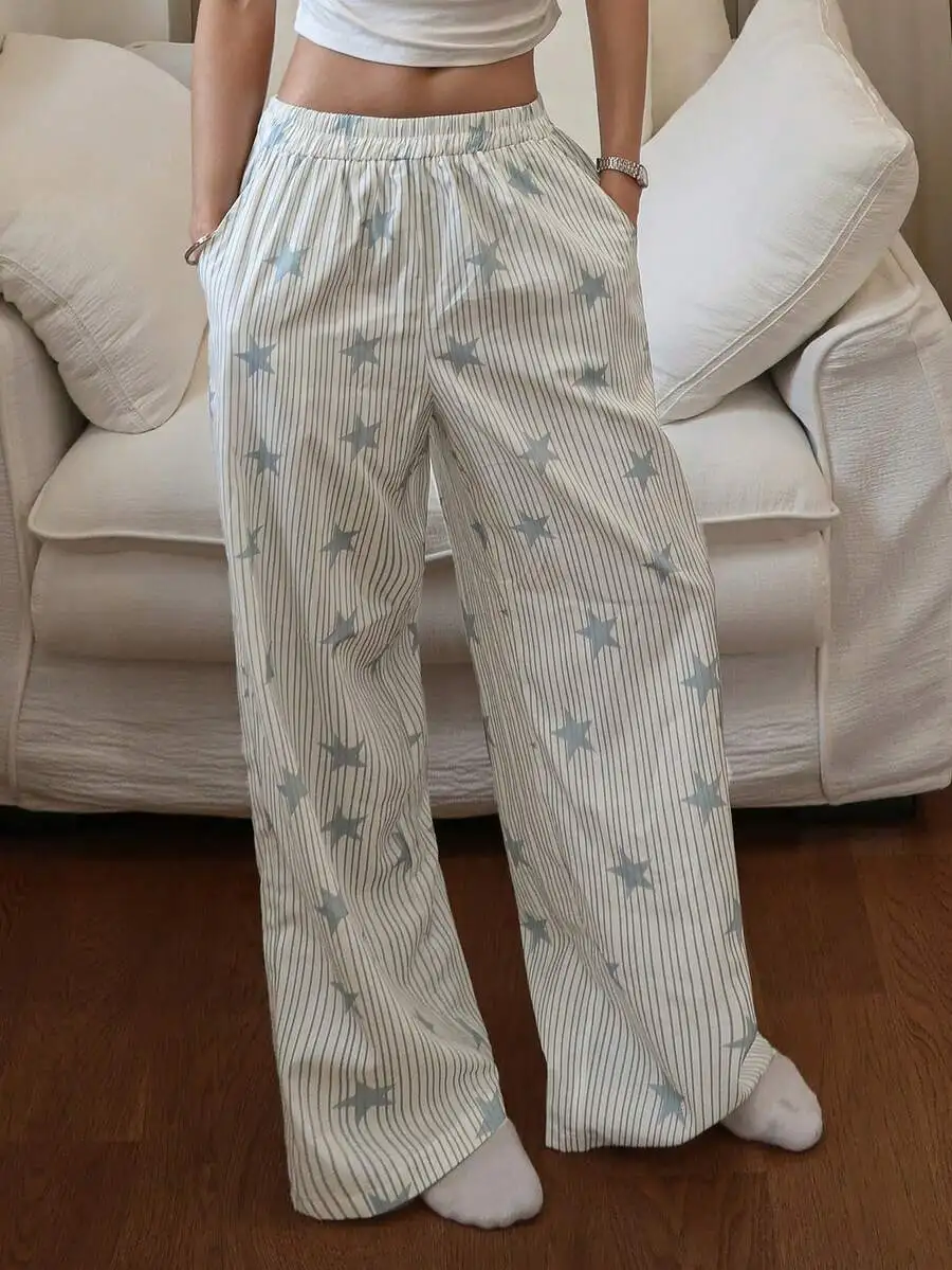 

Striped Star Print Loose Fit Pajama Pants For Women Fall Winter