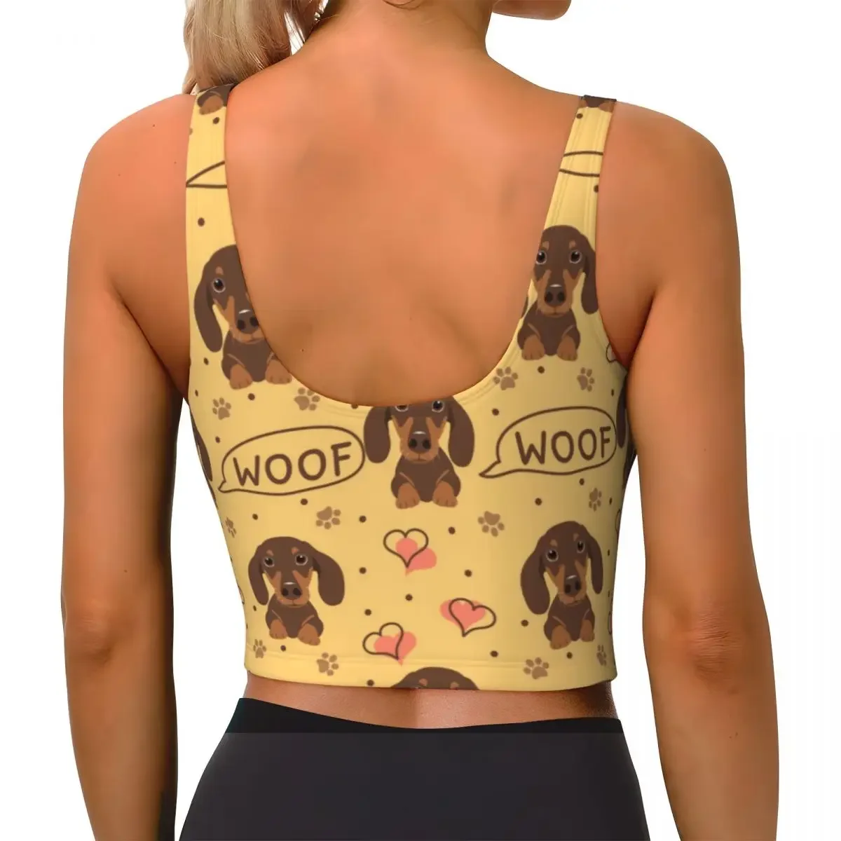 カスタムラブチョコレートダックスフントソーセージ犬スポーツブラ女性のペット子犬ハイインパクトワークアウトヨガクロップトップ