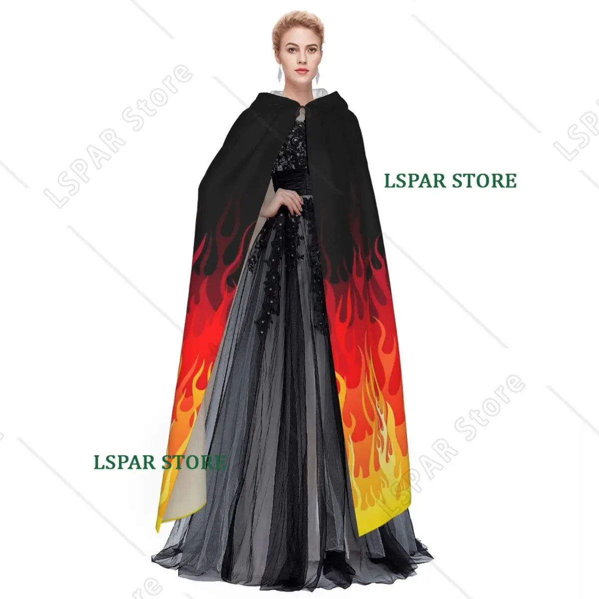 Red Hot Rod Flame On Edge Black Background Long Hooded Cloak Witch Medieval Costume Cosplay Cape HalloweenCoat Adult Unisex