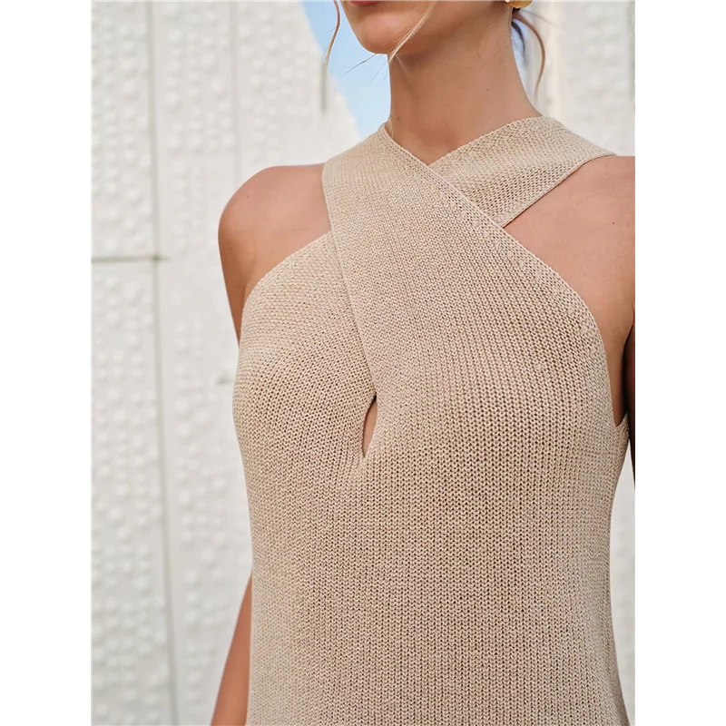 

CGS-Women Halter Cross- Over Collar Tank Knit Sleeveless Top Solid Color Casual Summer Blouse